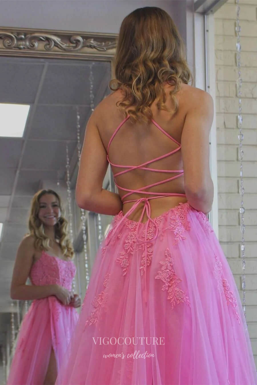 Prom Dress 2025 Pink Lace Applique Prom Dresses with Slit Spaghetti Strap Evening Dress 21883-unique elegant Prom Dresses-Pink-US2-vigocouture