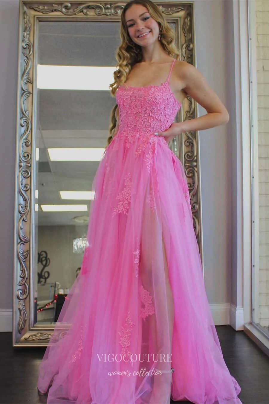 Prom Dress 2025 Pink Lace Applique Prom Dresses with Slit Spaghetti Strap Evening Dress 21883-unique elegant Prom Dresses-Pink-US2-vigocouture