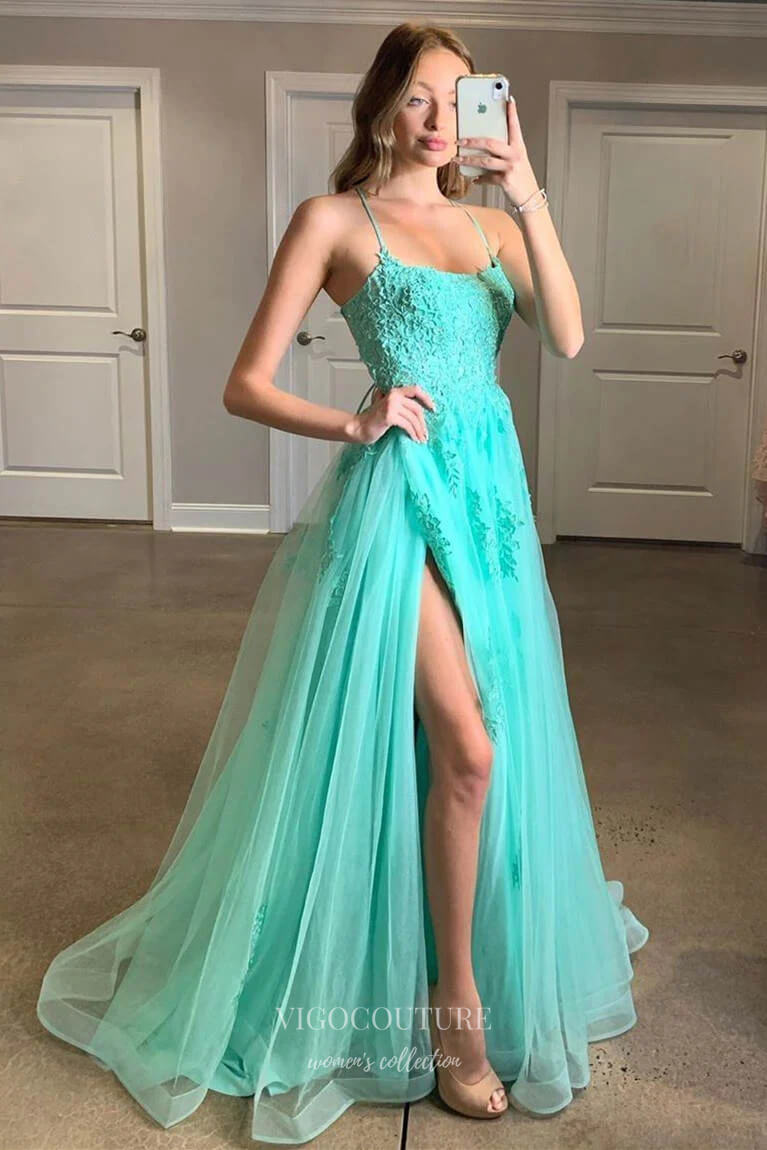 Prom Dress 2025 Pink Lace Applique Prom Dresses with Slit Spaghetti Strap Evening Dress 21883-unique elegant Prom Dresses-Tiffany-US2-vigocouture