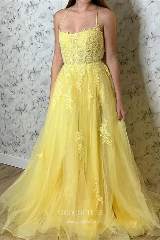 Prom Dress 2025 Pink Lace Applique Prom Dresses with Slit Spaghetti Strap Evening Dress 21883-unique elegant Prom Dresses-Yellow-US2-vigocouture