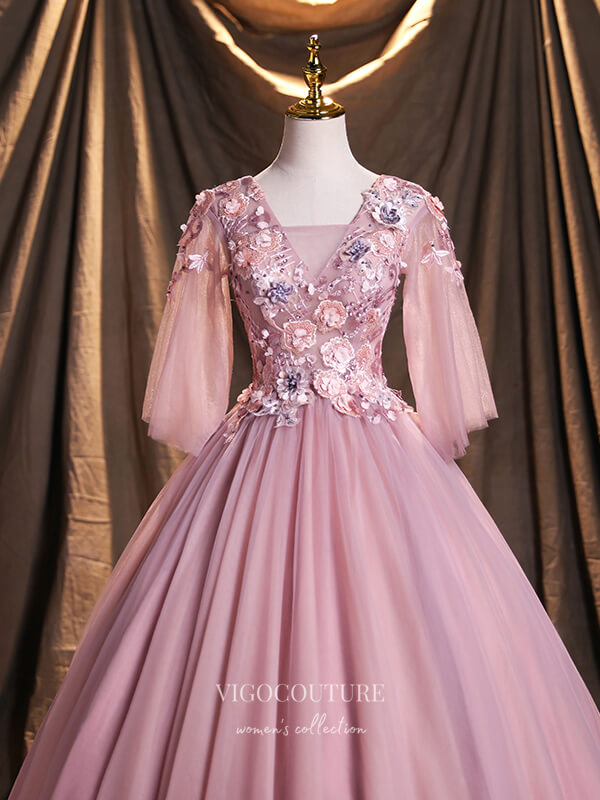 Prom Dress 2025 Pink Lace Applique Quinceanera Dresses Floral Sweet 15 Dresses 21387-unique elegant Prom Dresses-Pink-Custom Size-vigocouture