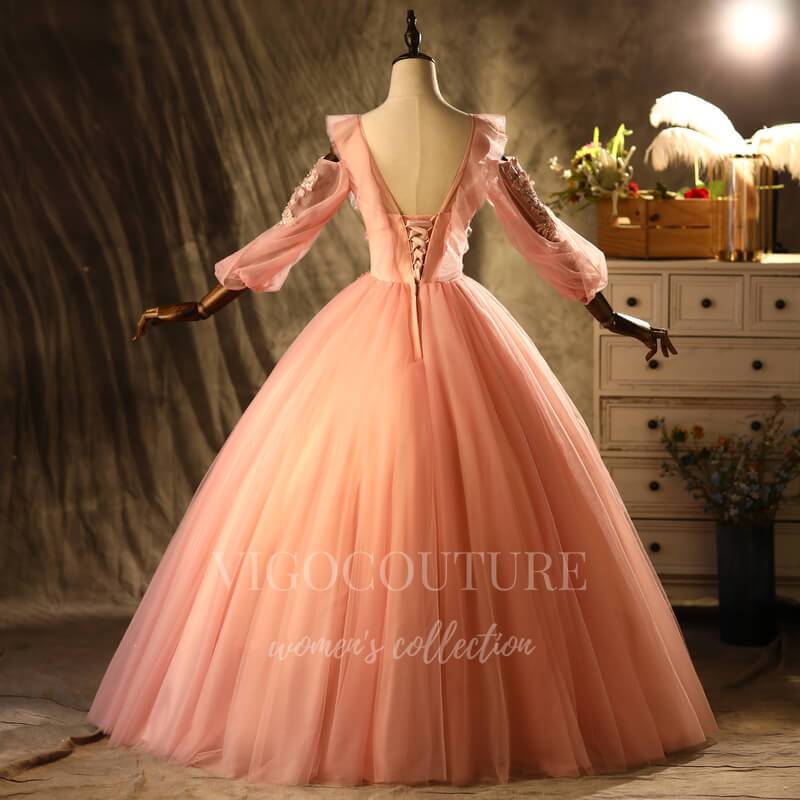 vigocouture-Pink Lace Applique Quinceanera Dresses Long Sleeve Ball Gown 20492-Prom Dresses-vigocouture-