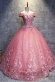 vigocouture-Pink Lace Applique Quinceanera Dresses Off the Shoulder Ball Gown 20417-Prom Dresses-vigocouture-Pink-Custom Size-