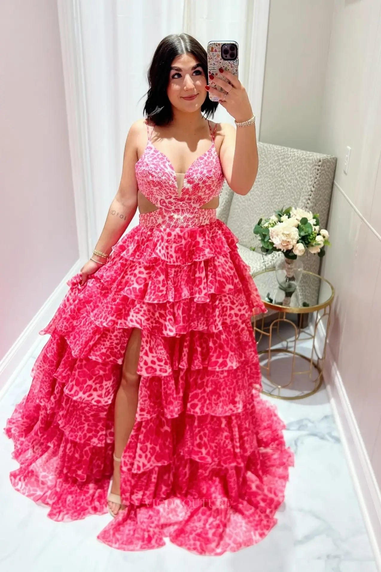 Prom Dresses 2025 to impress Pink Leopard Print Tiered Ruffle Prom Dress with Plunging V-Neck & High Slit – 26137-vigocouture-vigocouture