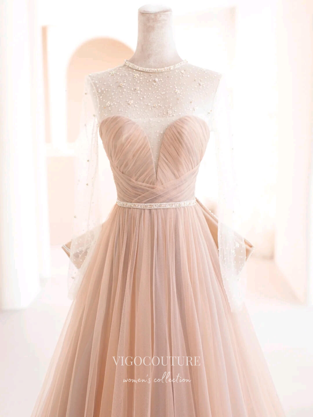 Prom Dress 2025 Pink Long Sleeve Prom Dresses Bow-Tie Tulle Formal Dress 22065-unique elegant Prom Dresses-Pink-US2-vigocouture