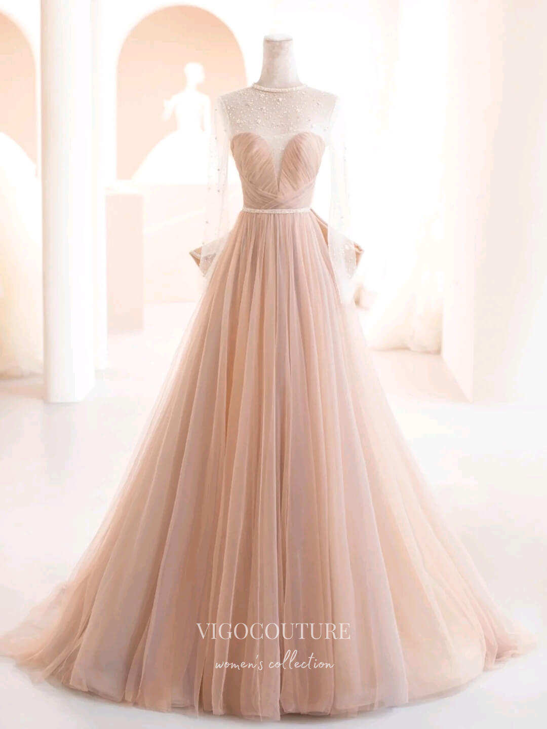 Prom Dress 2025 Pink Long Sleeve Prom Dresses Bow-Tie Tulle Formal Dress 22065-unique elegant Prom Dresses-Pink-US2-vigocouture