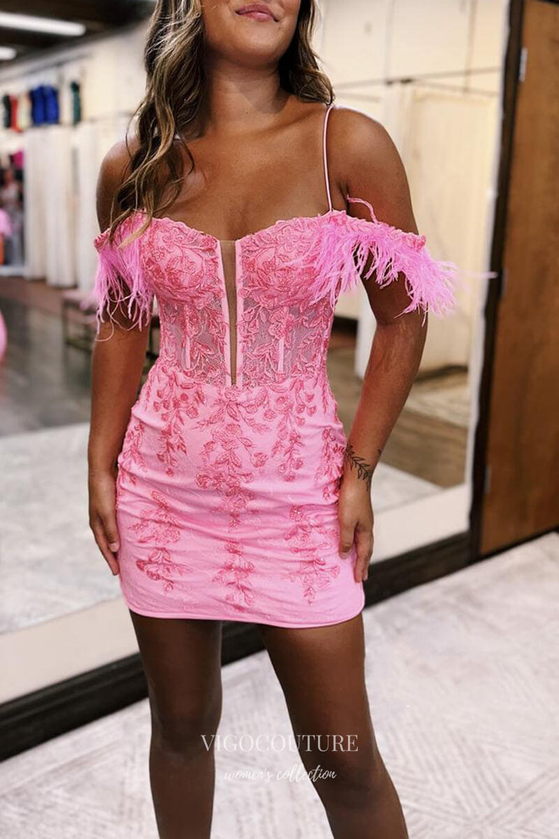 Pink Off the Shoulder Feathers Homecoming Dresses Lace Applique Bodyco vigocouture Pink Off the Shoulder Feathers Homecoming Dresses Lace Applique Bodyco vigocouture