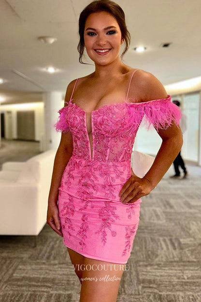 Pink Off the Shoulder Feathers Homecoming Dresses Lace Applique Bodyco vigocouture Pink Off the Shoulder Feathers Homecoming Dresses Lace Applique Bodyco vigocouture