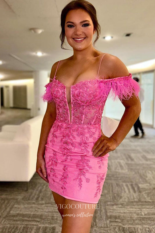 Short Prom Dresses 2025 Pink Off the Shoulder Feathers Homecoming Dresses Lace Applique Bodycon Dress hc437-Prom Dresses-vigocouture-Pink-Custom Size-vigocouture