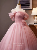 Prom Dress 2025 Pink Off the Shoulder Quinceanera Dresses 3D Flower Tulle Prom Ball Gown 25050-unique elegant Prom Dresses-Pink-Custom Size-vigocouture