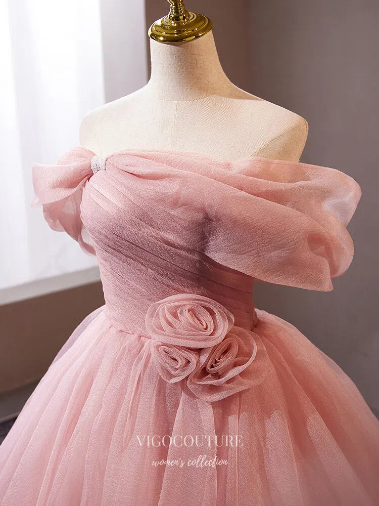 Prom Dress 2025 Pink Off the Shoulder Quinceanera Dresses 3D Flower Tulle Prom Ball Gown 25050-unique elegant Prom Dresses-Pink-Custom Size-vigocouture