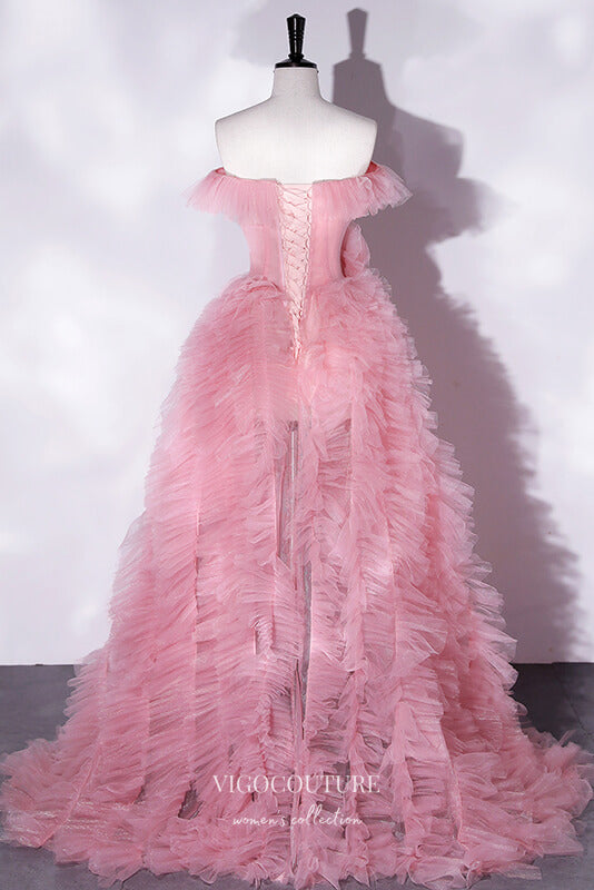 Pink Off the Shoulder Ruffled Prom Dress with High Slit 22356 Custom Colors / US6 Pink Off the Shoulder Ruffled Prom Dress with High Slit 22356 Custom Colors / US6