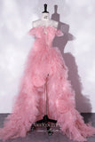 Pink Off the Shoulder Ruffled Prom Dress with High Slit 22356