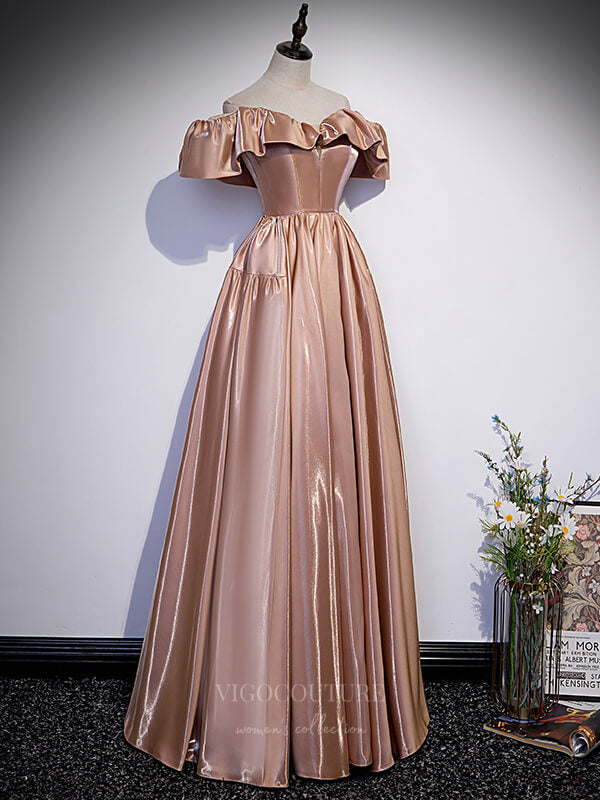 Pink Off the Shoulder Satin Prom Dress 20871 vigocouture Pink Off the Shoulder Satin Prom Dress 20871 vigocouture