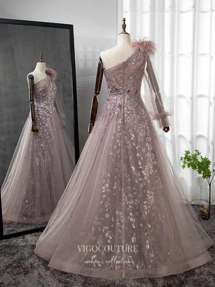 Pink One Shoulder Prom Dresses Long Sleeve Feather Evening Gown 22102