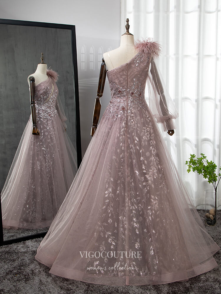 Prom Dress 2025 Pink One Shoulder Prom Dresses Long Sleeve Feather Evening Gown 22102-unique elegant Prom Dresses-Pink-US2-vigocouture