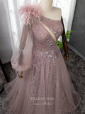 Prom Dress 2025 Pink One Shoulder Prom Dresses Long Sleeve Feather Evening Gown 22102-unique elegant Prom Dresses-Pink-US2-vigocouture