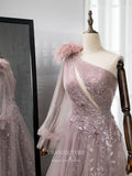 Prom Dress 2025 Pink One Shoulder Prom Dresses Long Sleeve Feather Evening Gown 22102-unique elegant Prom Dresses-Pink-US2-vigocouture