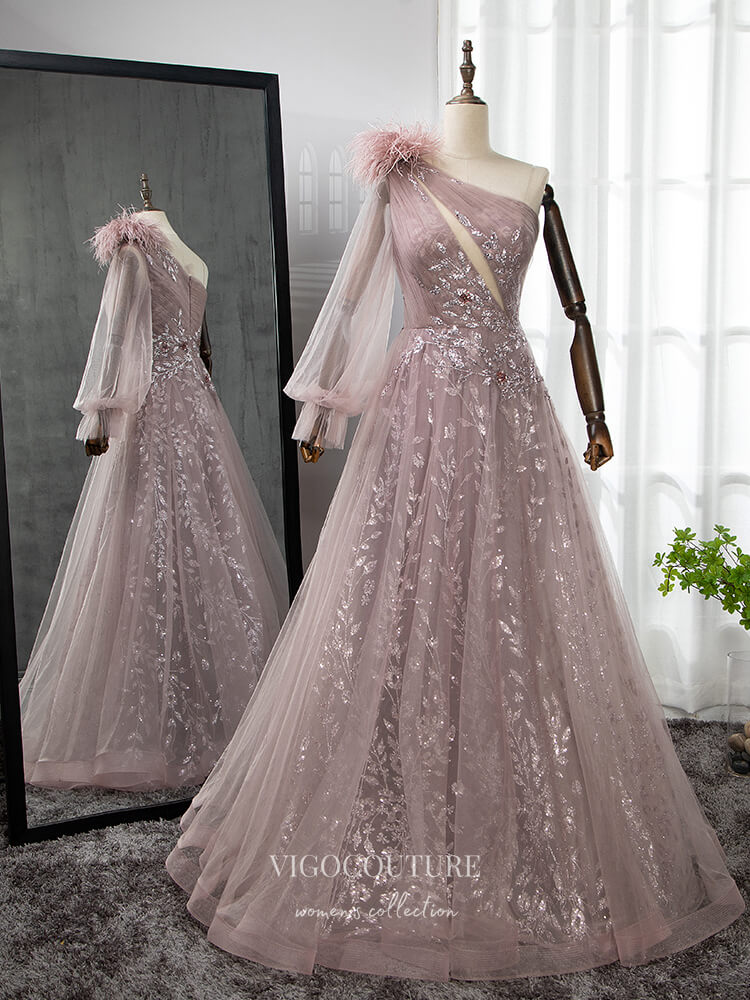 Prom Dress 2025 Pink One Shoulder Prom Dresses Long Sleeve Feather Evening Gown 22102-unique elegant Prom Dresses-Pink-US2-vigocouture