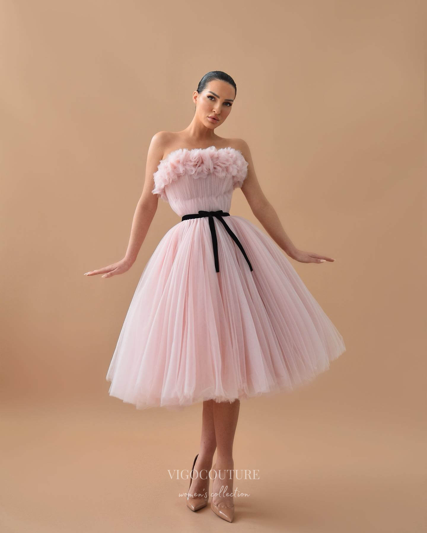 Short Prom Dresses 2025 Pink Pleated Tulle Short Prom Dresses Belt Strapless Hoco Dress 24066-Prom Dresses-vigocouture-vigocouture