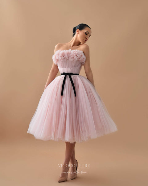 open lace back dress Pink Pleated Tulle Short Prom Dresses Belt Strapless Hoco Dress 24066 –  vigocouture