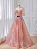 Prom Dress 2025 Pink Puffed Sleeve Prom Dress Sparkly Beaded Formal Dresses 21151-unique elegant Prom Dresses-Pink-Custom Size-vigocouture