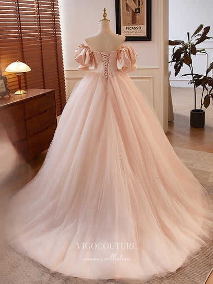 Prom Dress 2025 Pink Puffed Sleeve Prom Dresses Off the Shoulder Tulle Quinceanera Dress 24403-unique elegant Prom Dresses-Pink-Custom Size-vigocouture