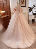 Prom Dress 2025 Pink Puffed Sleeve Prom Dresses Off the Shoulder Tulle Quinceanera Dress 24403-unique elegant Prom Dresses-Pink-Custom Size-vigocouture