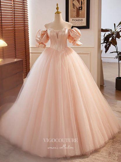 Prom Dress 2025 Pink Puffed Sleeve Prom Dresses Off the Shoulder Tulle Quinceanera Dress 24403-unique elegant Prom Dresses-Pink-Custom Size-vigocouture