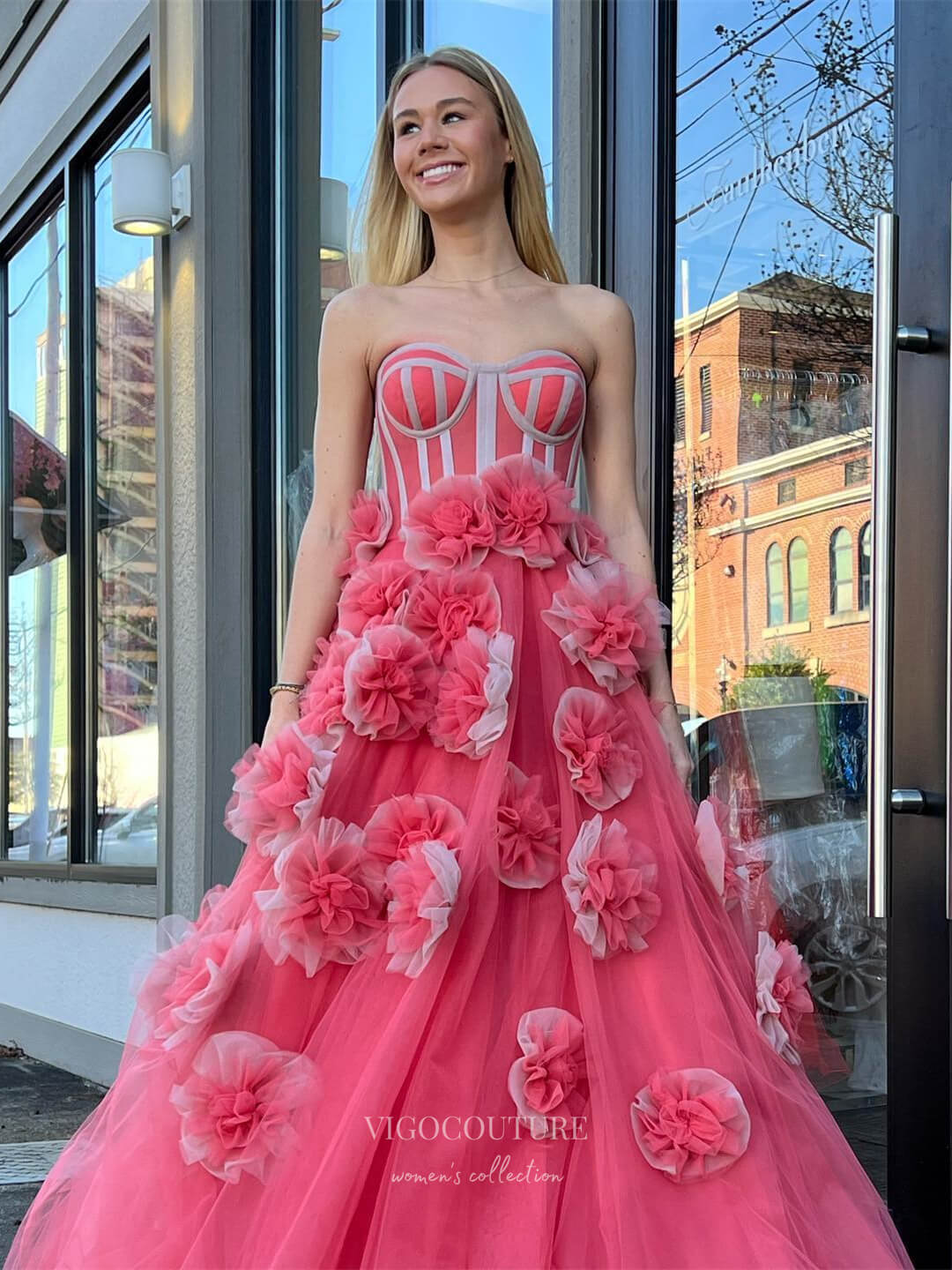 Prom Dress 2025 Pink Rose Blossom 3D Flower Prom Dresses 2024 Strapless Quinceanera Dress 24245-unique elegant Prom Dresses-Pink-Custom Size-vigocouture