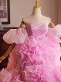 Prom Dress 2025 Pink Rosette Tiered Ruffled Quinceanera Dresses Off the Shoulder Puffed Sleeve Ball Gown 25035-unique elegant Prom Dresses-Pink-Custom Size-vigocouture