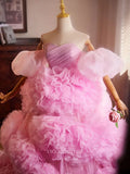 Prom Dress 2025 Pink Rosette Tiered Ruffled Quinceanera Dresses Off the Shoulder Puffed Sleeve Ball Gown 25035-unique elegant Prom Dresses-Pink-Custom Size-vigocouture