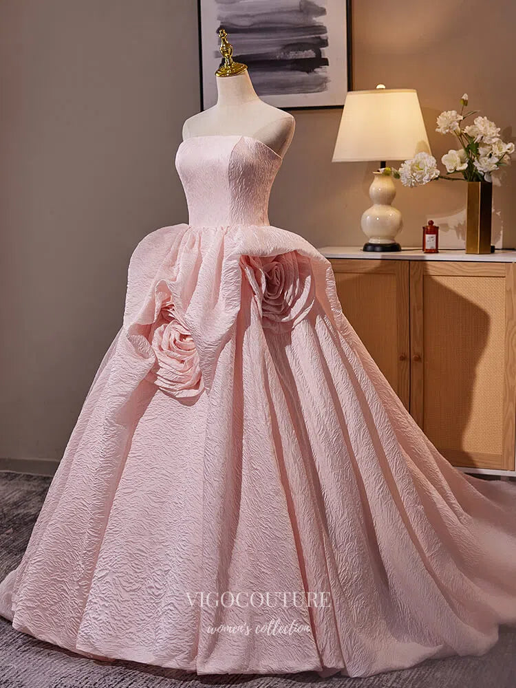 Prom Dress 2025 Pink Rosette Tiered Strapless Quinceanera Dresses Jacquard Satin Prom Ball Gown 25049-unique elegant Prom Dresses-Pink-Custom Size-vigocouture