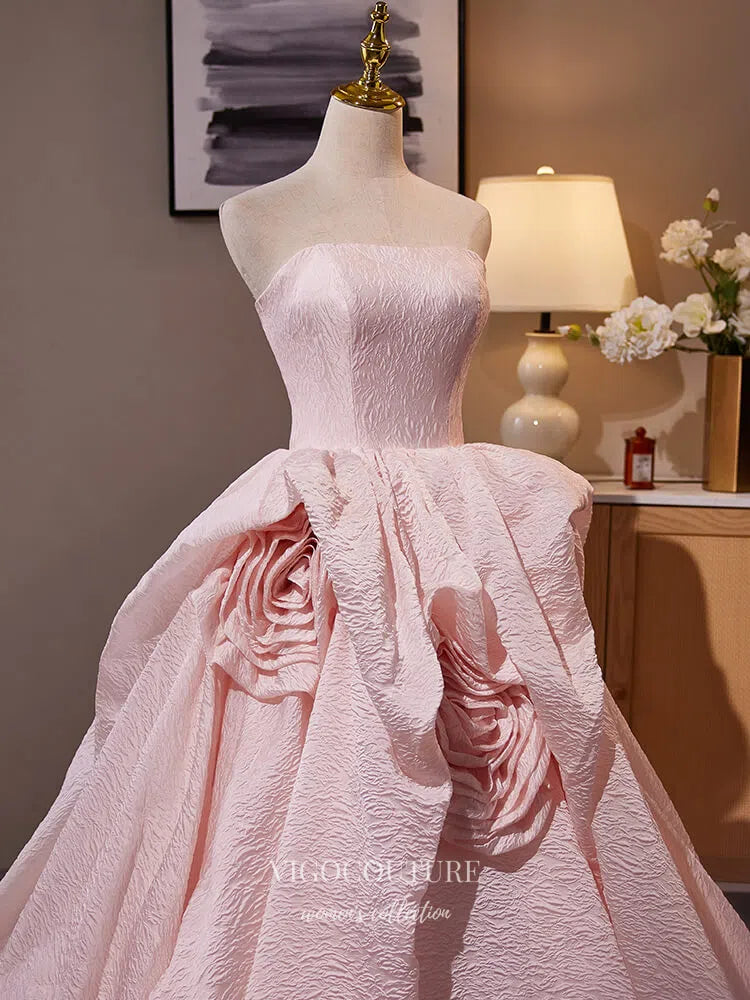 Prom Dress 2025 Pink Rosette Tiered Strapless Quinceanera Dresses Jacquard Satin Prom Ball Gown 25049-unique elegant Prom Dresses-Pink-Custom Size-vigocouture