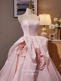 Prom Dress 2025 Pink Rosette Tiered Strapless Quinceanera Dresses Jacquard Satin Prom Ball Gown 25049-unique elegant Prom Dresses-Pink-Custom Size-vigocouture