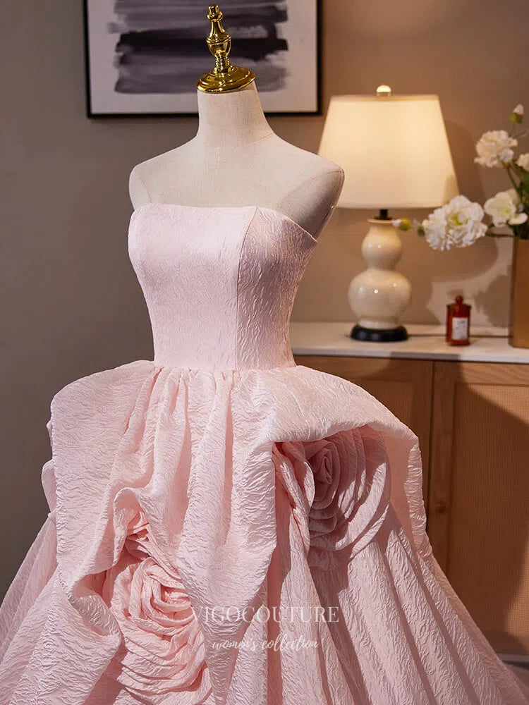 Prom Dress 2025 Pink Rosette Tiered Strapless Quinceanera Dresses Jacquard Satin Prom Ball Gown 25049-unique elegant Prom Dresses-Pink-Custom Size-vigocouture