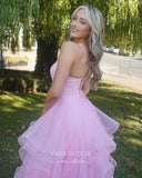 Prom Dress 2025 Pink Rruffled Tulle Prom Dresses Spaghetti Strap Formal Gown 22001-unique elegant Prom Dresses-Pink-US2-vigocouture