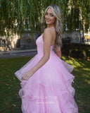 Prom Dress 2025 Pink Rruffled Tulle Prom Dresses Spaghetti Strap Formal Gown 22001-unique elegant Prom Dresses-Pink-US2-vigocouture