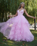 Pink Rruffled Tulle Prom Dresses Spaghetti Strap Formal Gown 22001