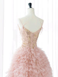 Prom Dress 2025 Pink Rruffled Tulle Prom Dresses Spaghetti Strap Formal Gown 22059-unique elegant Prom Dresses-Pink-US2-vigocouture