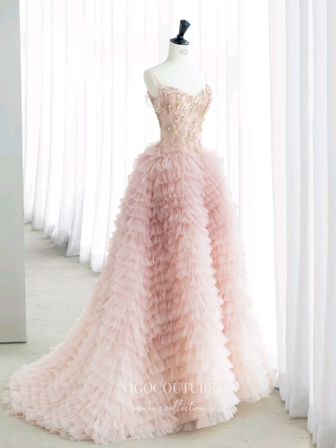 Prom Dress 2025 Pink Rruffled Tulle Prom Dresses Spaghetti Strap Formal Gown 22059-unique elegant Prom Dresses-Pink-US2-vigocouture