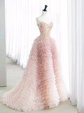 Pink Rruffled Tulle Prom Dresses Spaghetti Strap Formal Gown 22059