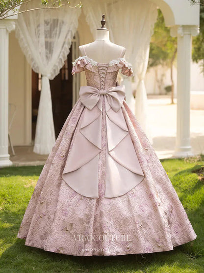 Prom Dress 2025 Pink Ruffled Bow-Tie Vintage Princess Dress Jacquard Satin Lace Quinceanera Dresses 25040-unique elegant Prom Dresses-Pink-Custom Size-vigocouture