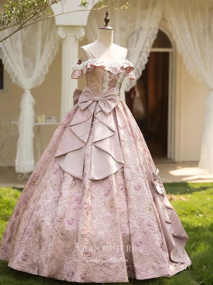 Prom Dress 2025 Pink Ruffled Bow-Tie Vintage Princess Dress Jacquard Satin Lace Quinceanera Dresses 25040-unique elegant Prom Dresses-Pink-Custom Size-vigocouture