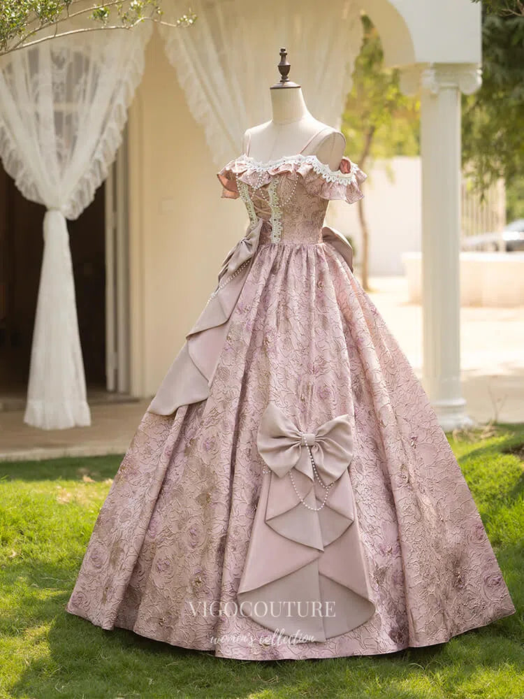 Pink Ruffled Bow-Tie Vintage Princess Dress Jacquard Satin Lace Quince – vigocouture Pink Ruffled Bow-Tie Vintage Princess Dress Jacquard Satin Lace Quince – vigocouture