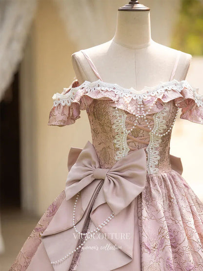 Prom Dress 2025 Pink Ruffled Bow-Tie Vintage Princess Dress Jacquard Satin Lace Quinceanera Dresses 25040-unique elegant Prom Dresses-Pink-Custom Size-vigocouture