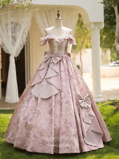 Pink Ruffled Bow-Tie Vintage Princess Dress Jacquard Satin Lace Quince vigocouture Pink Ruffled Bow-Tie Vintage Princess Dress Jacquard Satin Lace Quince vigocouture
