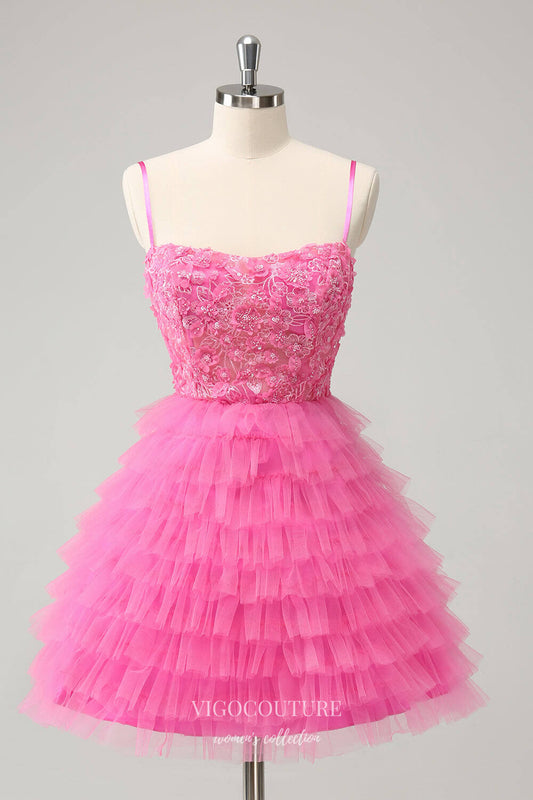 Short Prom Dresses 2025 Pink Ruffled Spaghetti Strap Homecoming Dresses Beaded Lace Graduation Dress hc396-Prom Dresses-vigocouture-Pink-Custom Size-vigocouture