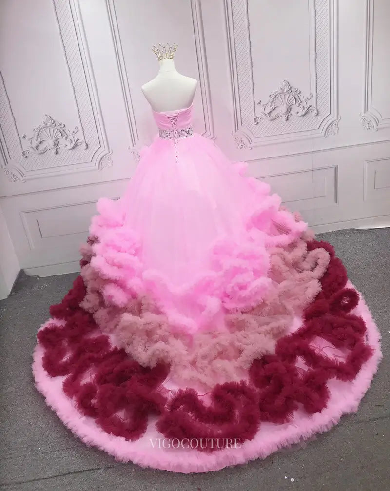 Prom Dresses 2025 to impress Pink Ruffled Tiered Prom Dresses Strapless Quinceanera Dresses SU051-vigocouture-vigocouture