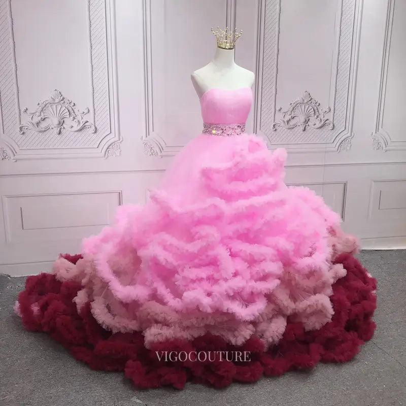 Prom Dresses 2025 to impress Pink Ruffled Tiered Prom Dresses Strapless Quinceanera Dresses SU051-vigocouture-vigocouture